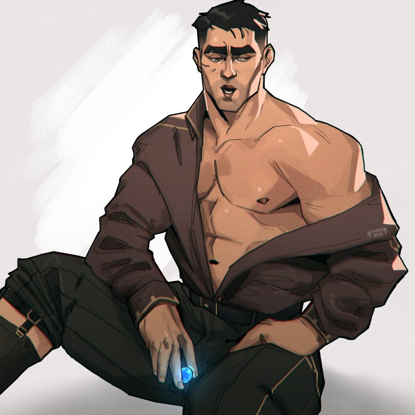 1boy, arcane:_league_of_legends, arcane_jayce, artist_name, asymmetrical_hair, bara, belt, black_belt