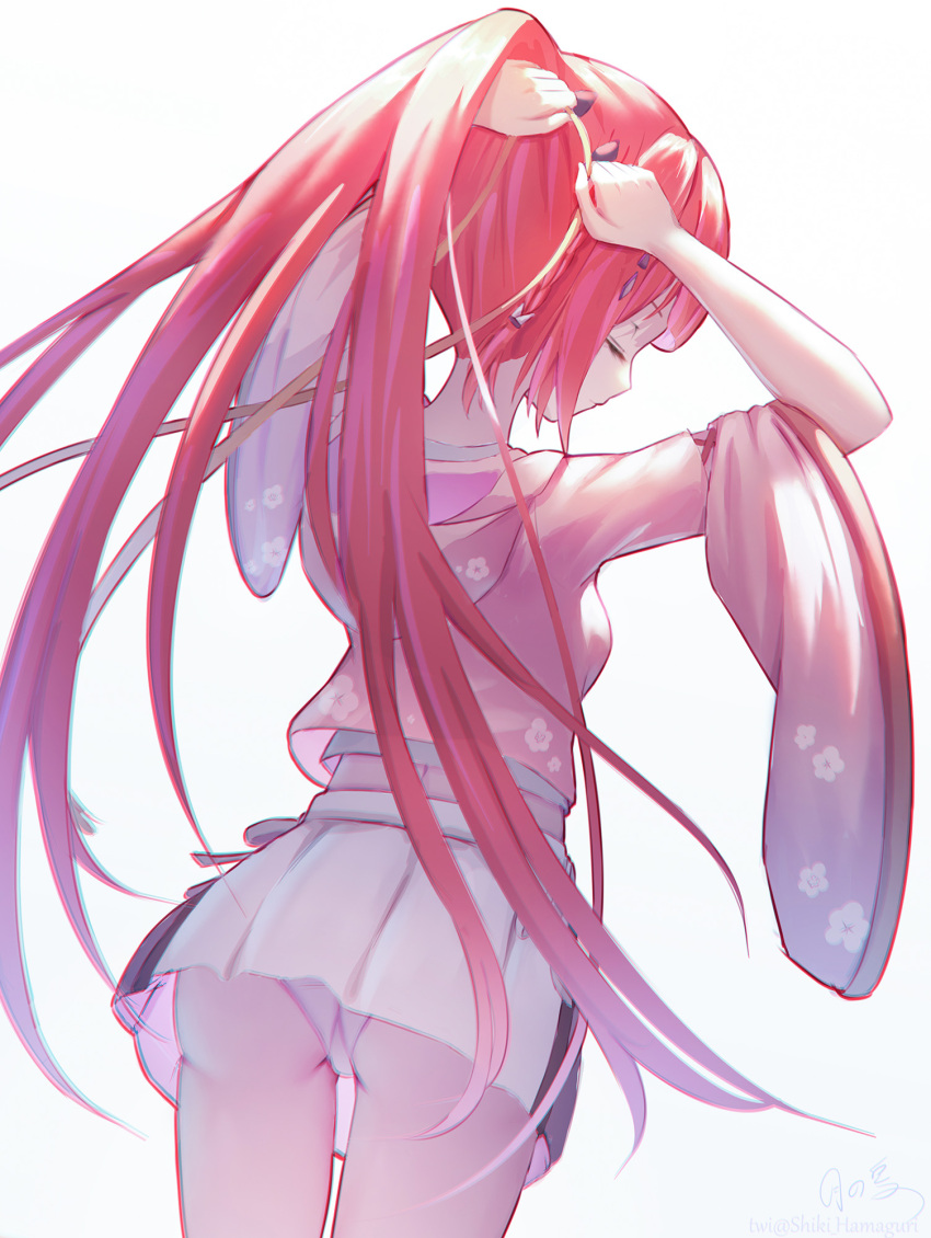 1girl, ass, blue_eyes, closed_eyes, from_behind, hair_ornament, hair_ribbon, highres, jacket, kamiyama_shiki, long_hair, panties, pink_jacket, ponytail, red_hair, ribbon, shiki_hamaguri, skirt, solo, summer_pockets, tying_hair, underwear, very_long_hair, white_panties, wide_sleeves