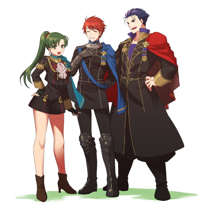 1girl, 2boys, alternate_costume, aqua_cape, armored_boots, black_footwear, black_gloves, black_pants, blue_cape, blue_eyes, blue_hair, boots, brown_footwear, cape, closed_eyes, commentary_request, eliwood_(fire_emblem), fingerless_gloves, fire_emblem, fire_emblem:_the_blazing_blade, fire_emblem:_three_houses, garreg_mach_monastery_uniform, gauntlets, gloves, green_eyes, green_hair, grin, hair_tie, hector_(fire_emblem), high_heels, highres, kori_kms, long_hair, long_sleeves, lyn_(fire_emblem), multicolored_hair, multiple_boys, nintendo, open_mouth, pants, ponytail, red_cape, red_hair, short_hair, smile, white_background