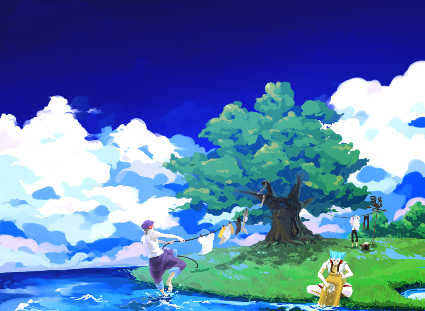 4boys, bemani, black_pants, blue_hair, blue_headwear, blue_sky, brown_hair, clothes