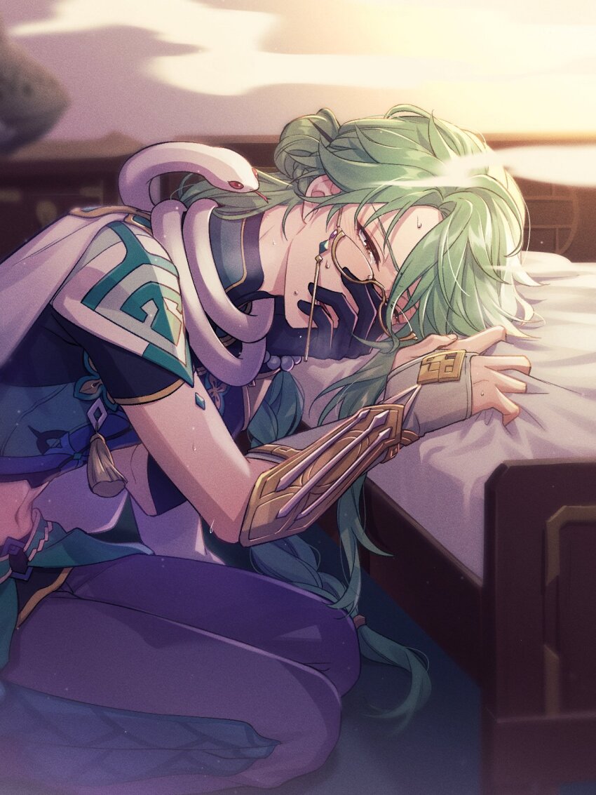 1boy, animal, animal_around_neck, arm_guards, baizhu_(genshin_impact), bead_bracelet, beads, bed