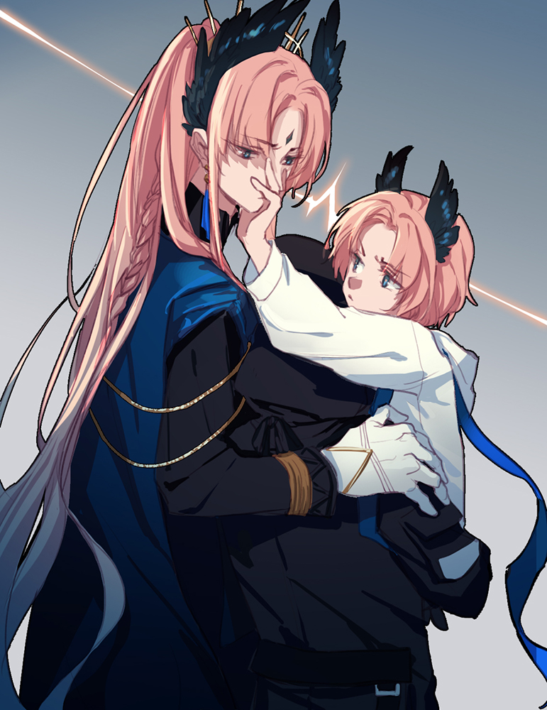1other, 2boys, aged_down, ambiguous_gender, arknights, black_coat, black_jacket, blue_background