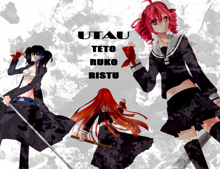 1boy, 2girls, artistic_error, banchou, bandana, baseball_bat, black_hair, blue_eyes