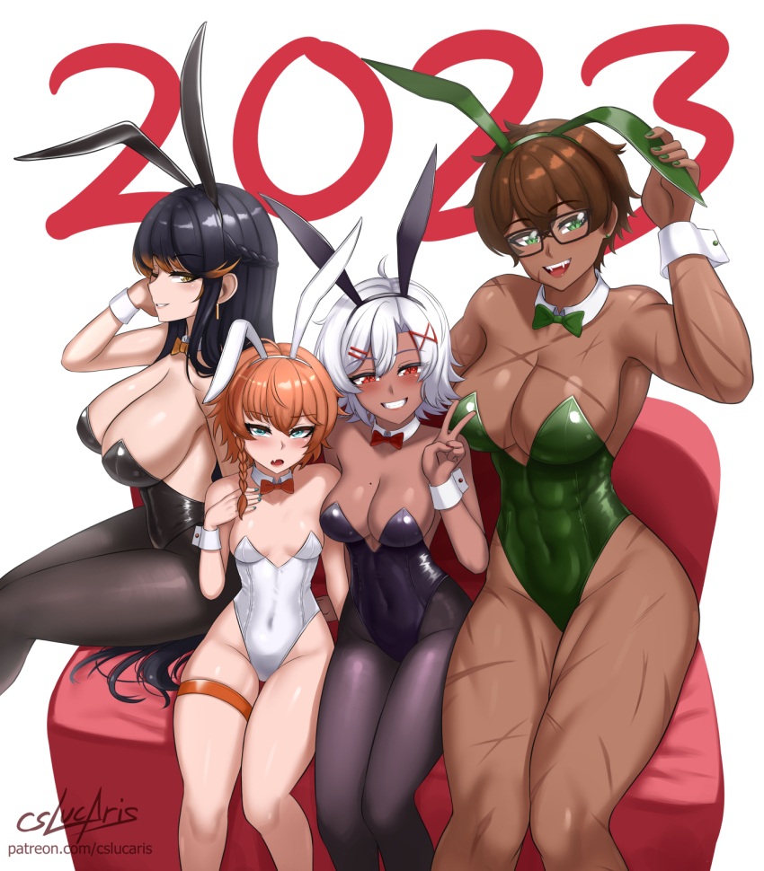 2023, 4girls, animal_ears, artist_name, aurelia_(cslucaris), beatriz_(cslucaris), black_hair, blue_eyes, bow, bowtie, braid, breasts, brown_hair, covered_abs, covered_navel, cslucaris, detached_collar, earrings, fake_animal_ears, fang, fangs, feet_out_of_frame, green_eyes, hair_between_eyes, highres, jewelry, large_breasts, leotard, long_hair, looking_at_viewer, lucille_(cslucaris), madeline_(cslucaris), medium_breasts, mole, mole_on_breast, multiple_girls, open_mouth, original, pantyhose, patreon_username, playboy_bunny, rabbit_ears, red_eyes, scar, short_hair, simple_background, sitting, skin_fang, skindentation, slit_pupils, smile, strapless, strapless_leotard, teeth, thigh_strap, tongue, v, very_long_hair, watermark, white_background, white_hair, wrist_cuffs, yellow_eyes