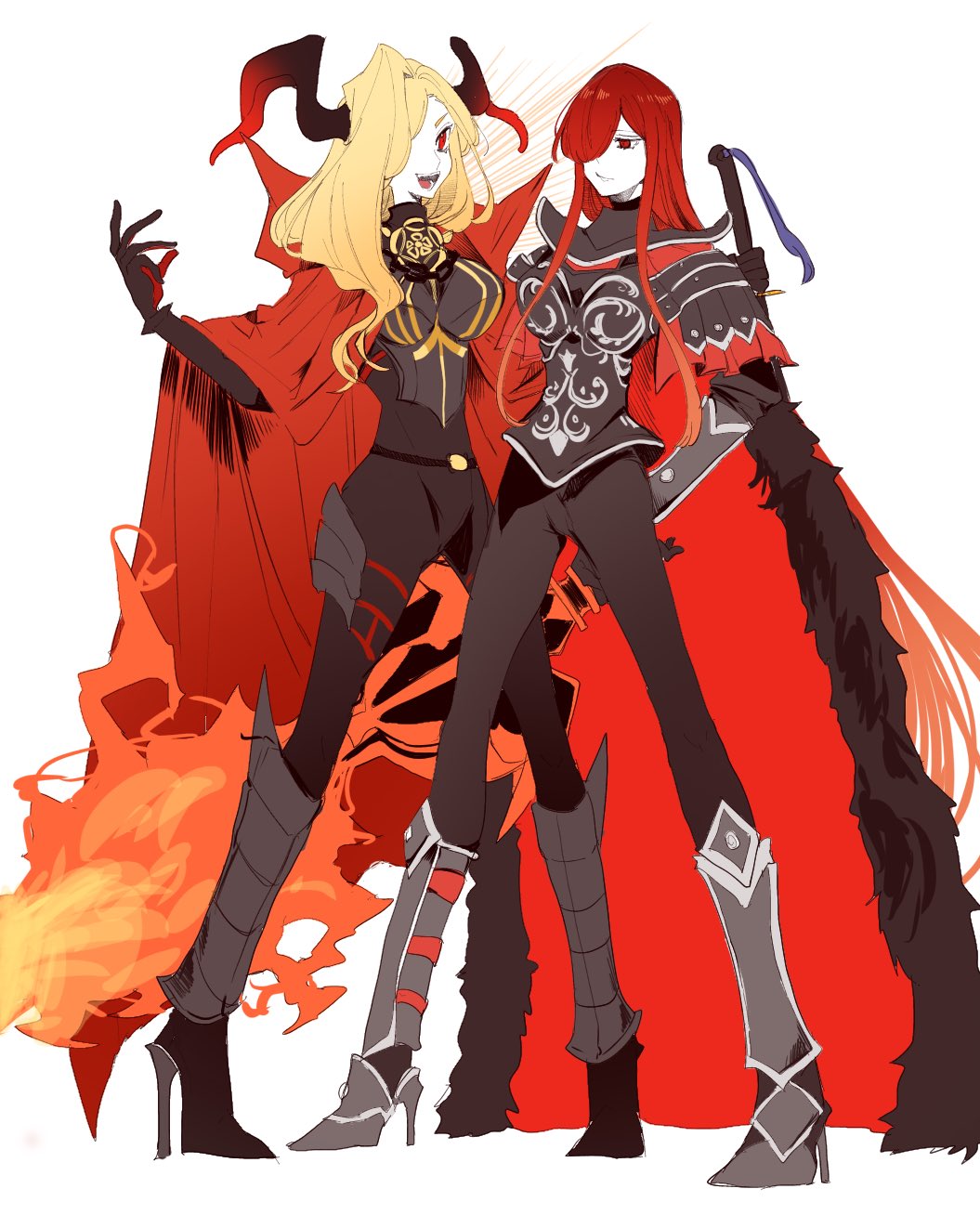 1girl, 1other, armor, armored_boots, black_armor, black_bodysuit, black_horns, blonde_hair, bodysuit, boots, cape, cosplay, costume_switch, crest, dragon_horns, family_crest, fate/grand_order, fate_(series), full_body, gloves, hair_over_one_eye, high_heels, highres, holding, holding_sword, holding_weapon, horns, kuriimu0203, long_hair, looking_at_viewer, nero_claudius_(fate), oda_nobunaga_(fate), oda_nobunaga_(maou_avenger)_(fate), queen_draco_(fate), queen_draco_(third_ascension)_(fate), red_cape, red_eyes, red_hair, shoulder_plates, simple_background, smile, sword, very_long_hair, weapon, white_background
