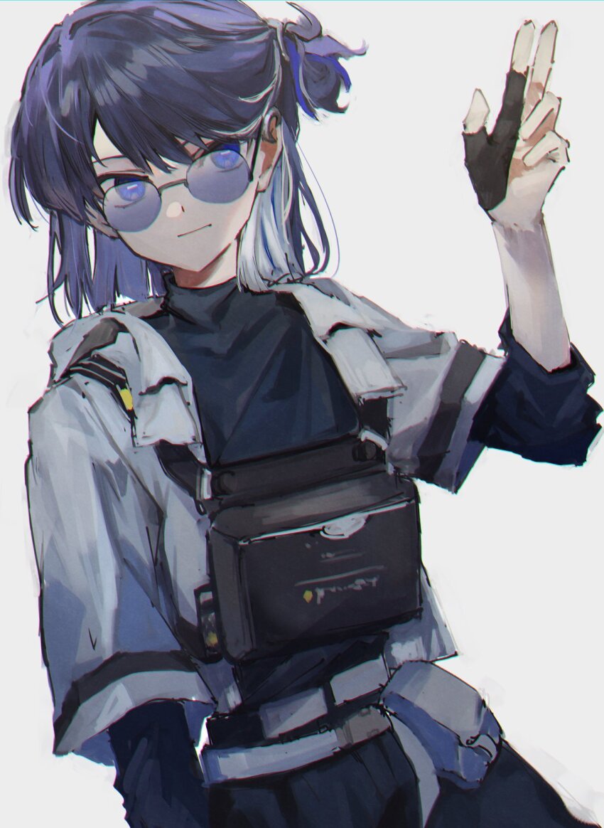 1girl, andreana_(arknights), andreana_(silent_arrow)_(arknights), arknights, belt, black_bag, black_shirt, blue_eyes