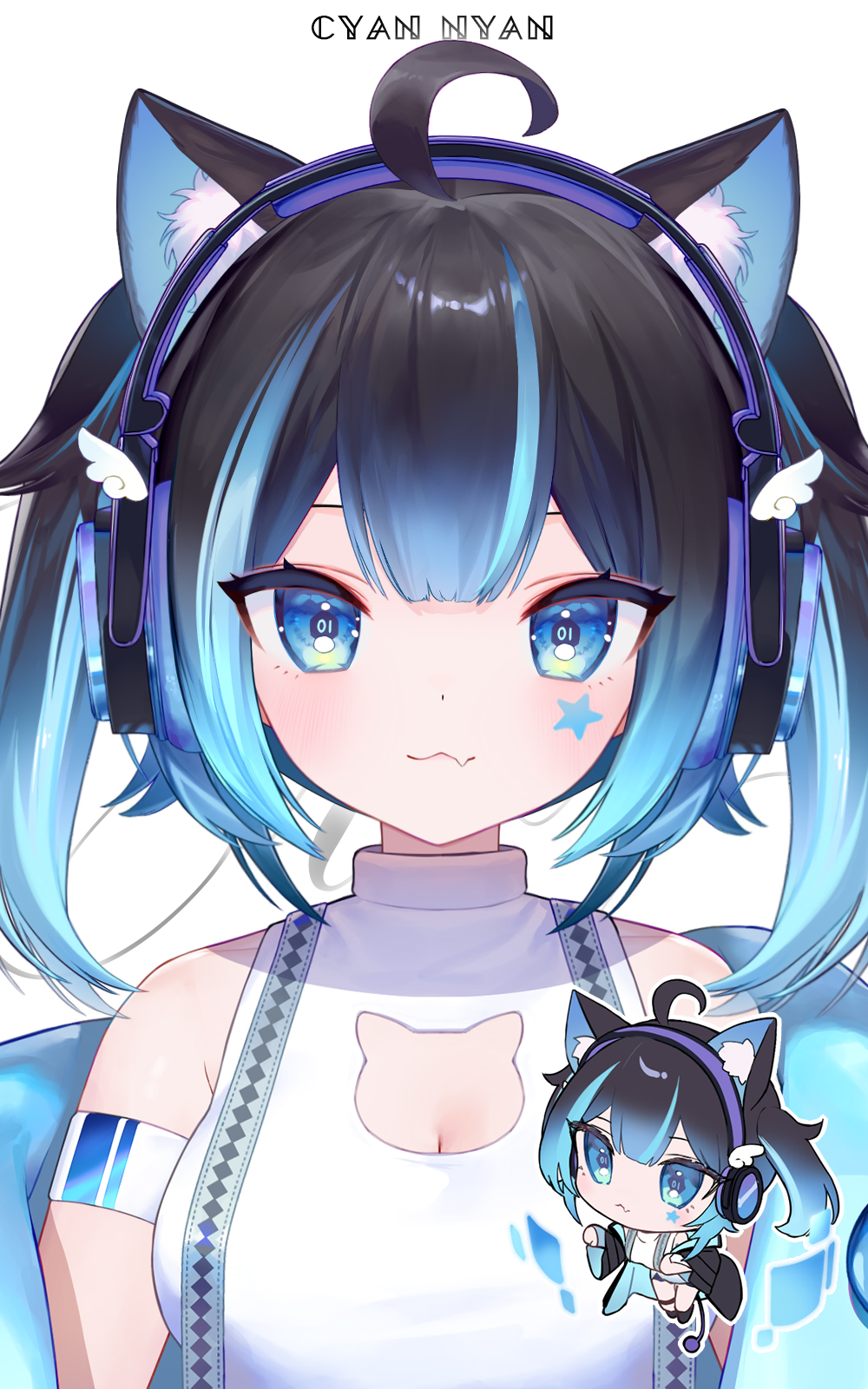 1girl, :3, ahoge, ainy, animal_ears, armband, bare_shoulders, black_hair, blue_eyes, blue_hair, blunt_bangs, breasts, cat_ears, cat_girl, character_name, chibi, chibi_inset, cleavage, cleavage_cutout, closed_mouth, clothing_cutout, cyan_nyan, dot_nose, double-parted_bangs, facial_mark, fang, headphones, highres, implied_extra_ears, indie_virtual_youtuber, looking_at_viewer, medium_breasts, multicolored_hair, number_in_eye, official_art, shirt, short_hair, sidelocks, simple_background, skin_fang, sleeveless, sleeveless_shirt, smile, star_(symbol), straight-on, streaked_hair, symbol-shaped_pupils, turtleneck, two_side_up, upper_body, virtual_youtuber, white_background, white_shirt