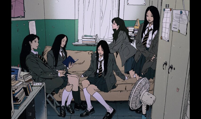 5girls, black_eyes, black_footwear, black_hair, black_lips, blazer, book, cbb_(tuucoo), chair, collared_shirt, couch, curtains, danielle_(newjeans), folding_chair, forehead, grey_jacket, haerin_(newjeans), hair_behind_ear, hanni_(newjeans), highres, holding, holding_book, hyein_(newjeans), indoors, jacket, k-pop, leaning_forward, locker, long_hair, minji_(newjeans), multiple_girls, necktie, newjeans, pleated_skirt, real_life, red_necktie, school_uniform, shirt, shoes, sitting, skirt, socks, white_shirt, white_socks