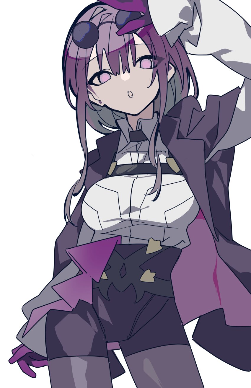 1girl, absurdres, black_jacket, black_shorts, collared_shirt, eyewear_on_head, gloves, grey_background