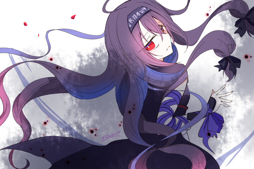 1girl, arm_ribbon, artist_name, black_cape, bright_pupils, cape, closed_mouth, falling_petals