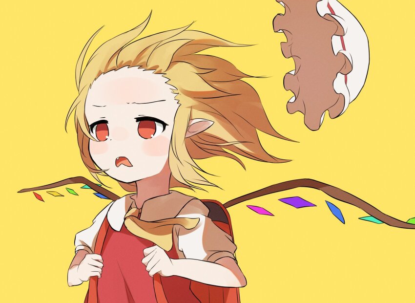 1girl, ar_(maeus), ascot, backpack, bag, blonde_hair, collared_shirt, crystal