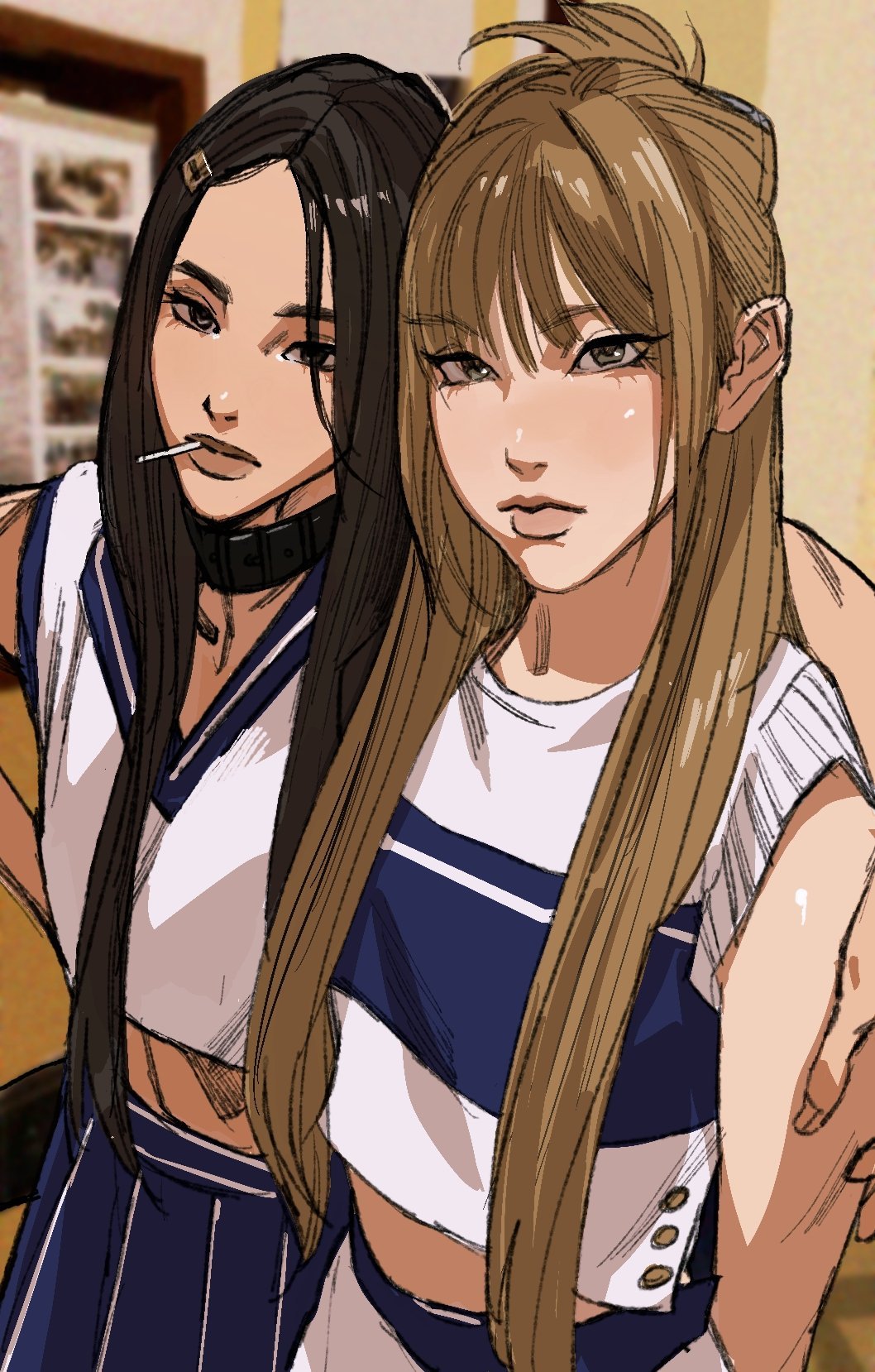 2girls, aged_up, black_collar, black_eyes, black_hair, blue_skirt, blush, brown_eyes, brown_hair, cbb_(tuucoo), cigarette, collar, cropped_shirt, grey_eyes, haerin_(newjeans), hair_behind_ear, head_tilt, highres, k-pop, long_hair, looking_at_viewer, minji_(newjeans), multiple_girls, newjeans, parted_hair, photo-referenced, pleated_skirt, real_life, shirt, skirt, very_long_hair, white_shirt, white_skirt