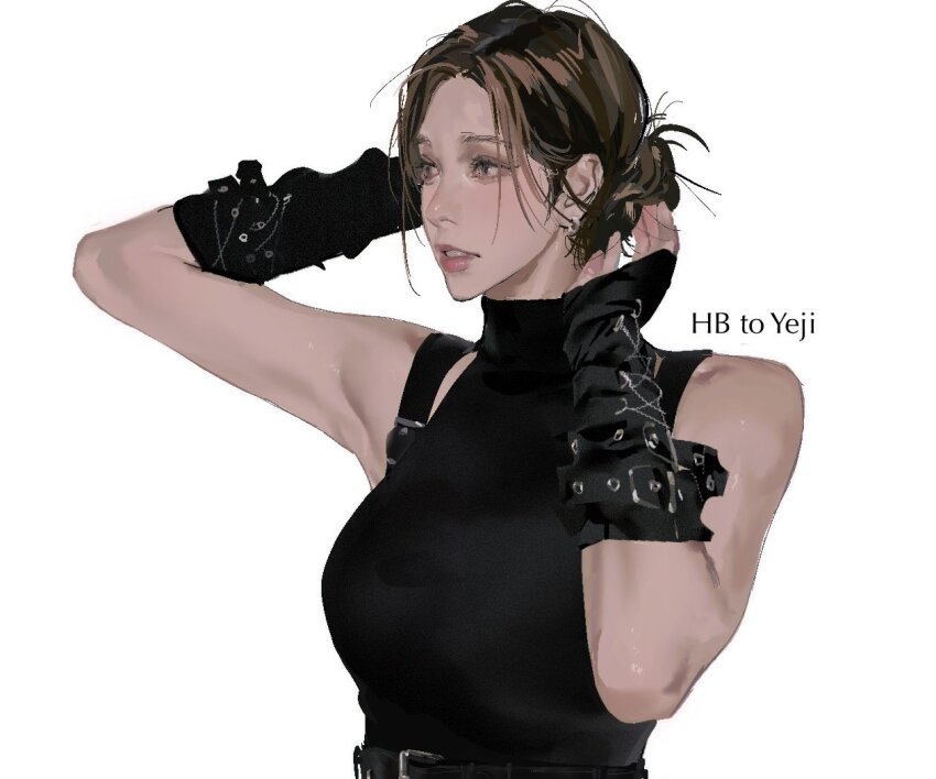 1girl, belt, black_belt, black_gloves, black_sweater, bow, brown_eyes, brown_hair, cbb_(tuucoo), character_name, earrings, fingerless_gloves, gloves, hair_behind_ear, hair_bow, happy_birthday, itzy, jewelry, k-pop, parted_lips, real_life, sleeveless, sleeveless_sweater, solo, sweater, upper_body, white_background, yeji_(itzy)