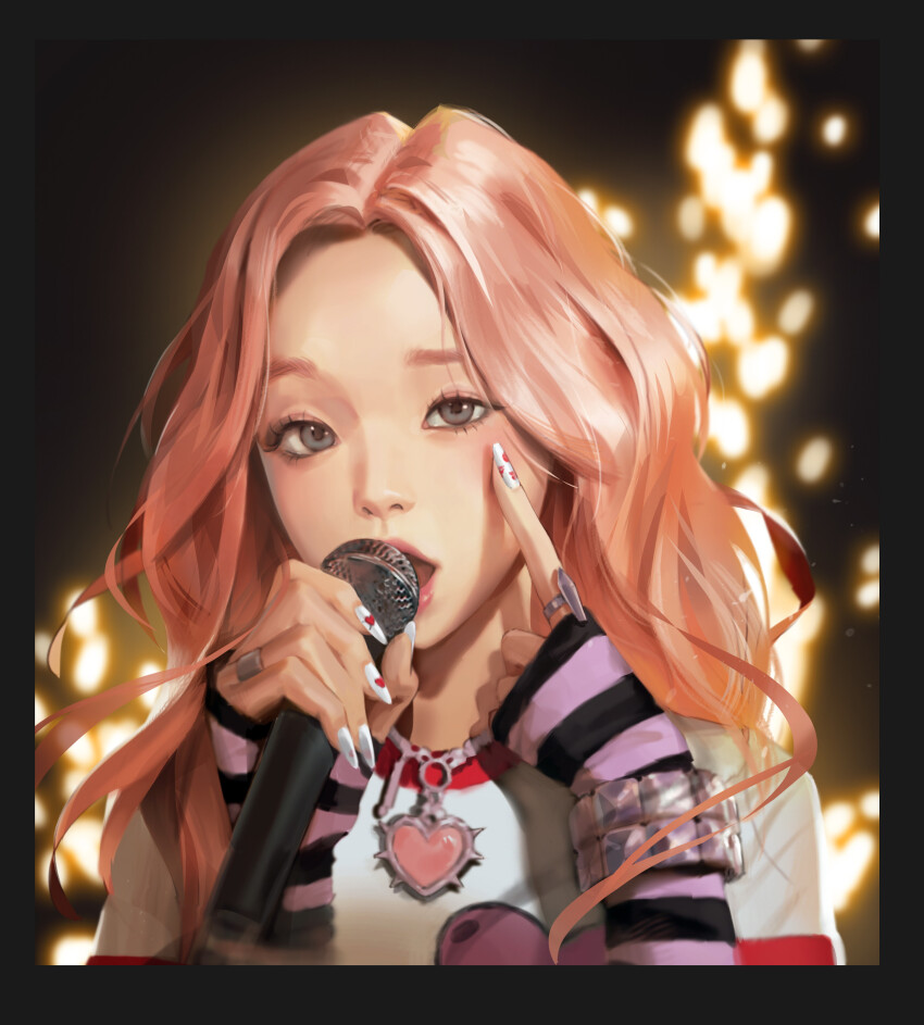 076kim, 1girl, absurdres, black_border, border, bracelet, detached_sleeves, i-dle, green_eyes, heart, heart_necklace, highres, holding, holding_microphone, jewelry, k-pop, long_hair, looking_at_viewer, microphone, nail_polish, necklace, open_mouth, pink_hair, pointing, pointing_at_self, portrait, real_life, realistic, ring, solo, song_yu_qi, white_nails