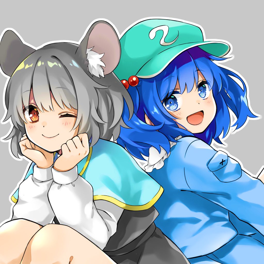 2girls, animal_ears, black_hair, blue_eyes, blue_hair, green_headwear, grey_background, kawashiro_nitori