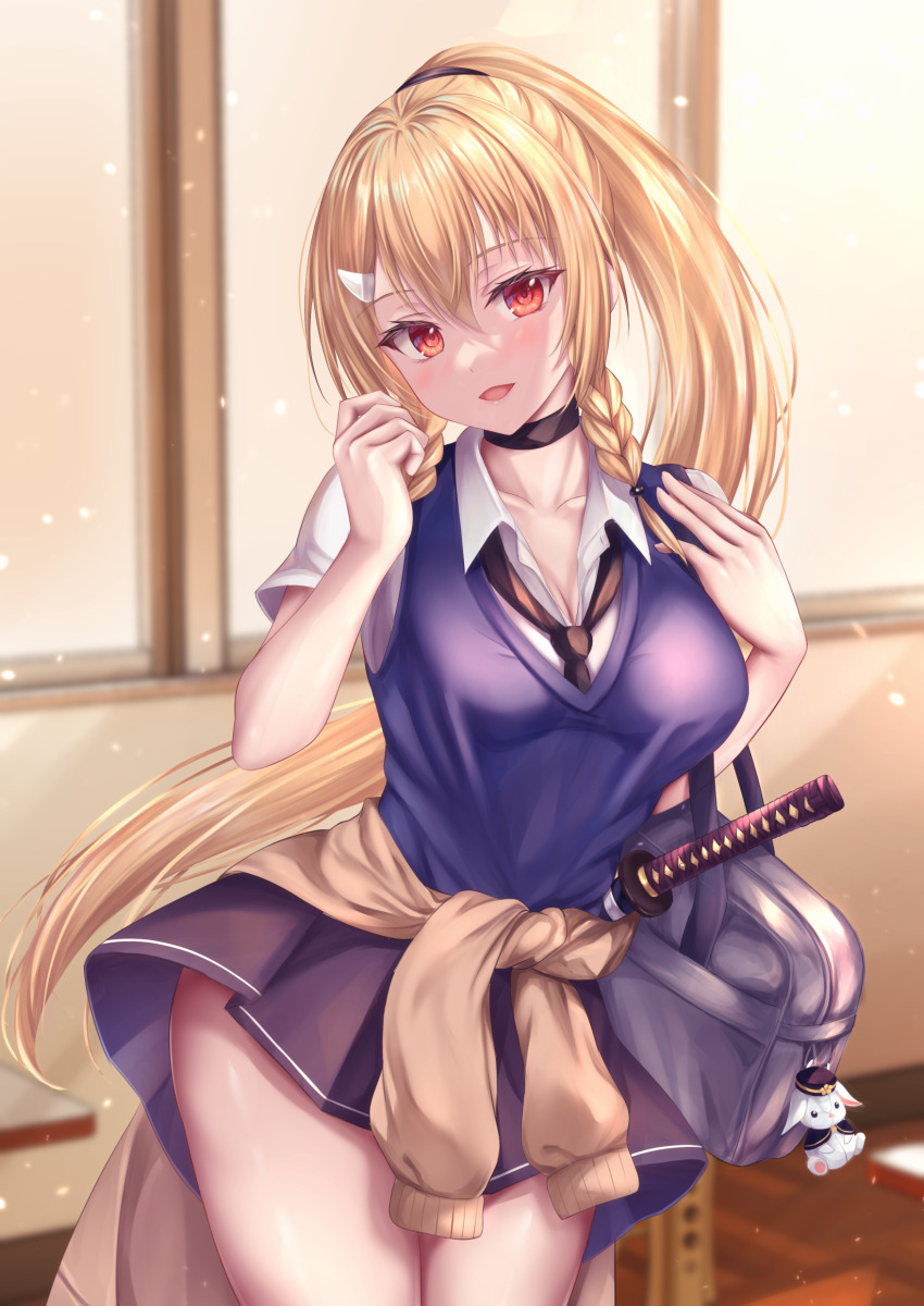 1girl, absurdres, bag, black_necktie, braid, carrying_bag, choker, clenched_hand