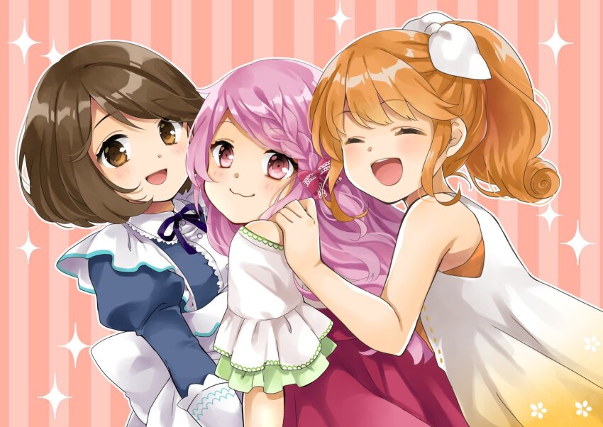 3girls, blue_dress, blush, bokujou_monogatari, braid, brown_eyes, brown_hair, closed_eyes