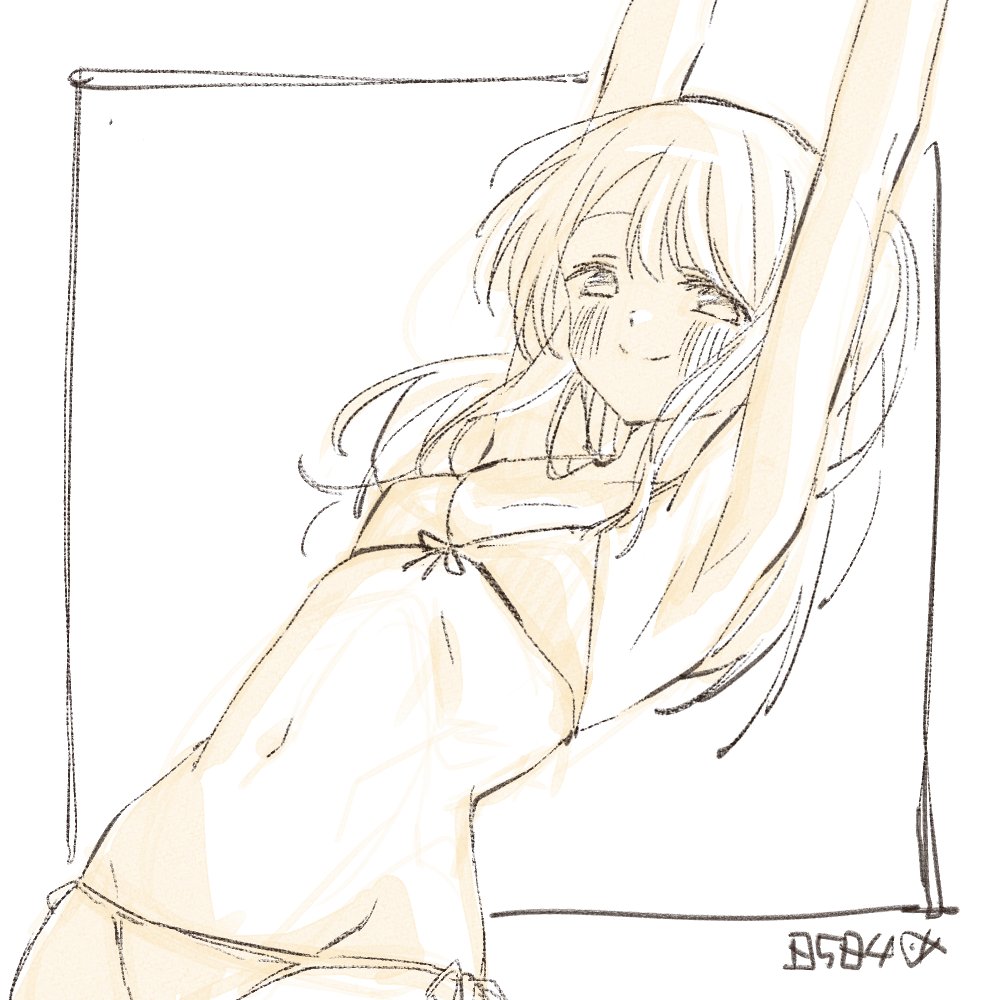 1girl, armpits, arms_up, bikini, blush, closed_mouth, front-tie_bikini_top, front-tie_top