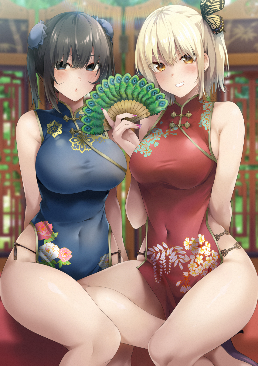 2girls, :o, asakura_ageha, bare_shoulders, black_hair, blonde_hair, blue_eyes, breasts