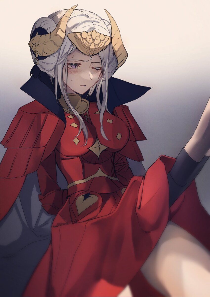 2girls, arms_behind_back, blush, female_byleth_(fire_emblem), edelgard_von_hresvelg, edelgard_von_hresvelg_(timeskip), fire_emblem, fire_emblem:_three_houses, grey_background, hair_ornament, hand_under_clothes, high_collar, highres, horn_ornament, horns, huanxiangfengmi09151, multiple_girls, nintendo, one_eye_closed, open_mouth, purple_eyes, shadow, simple_background, sitting, sweat, thighs, white_hair, yuri