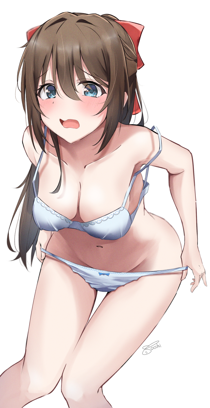 1girl, absurdres, aqua_eyes, blush, bow, bow_panties, bra, breasts