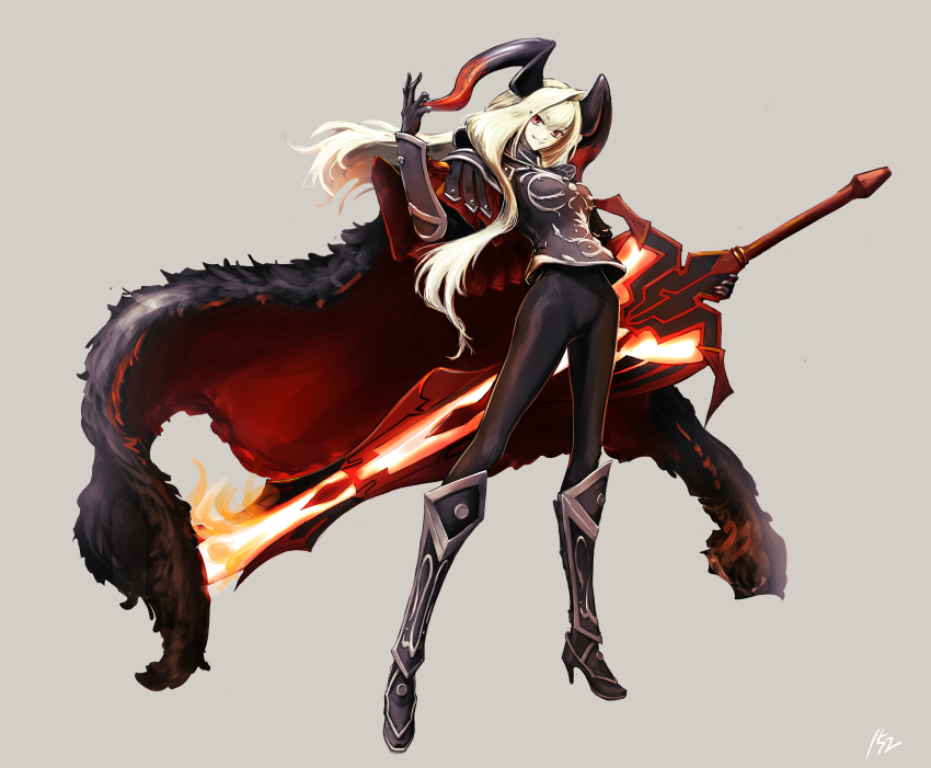 152_in_can, 1girl, absurdres, armor, blonde_hair, boots, cape, dragon_horns