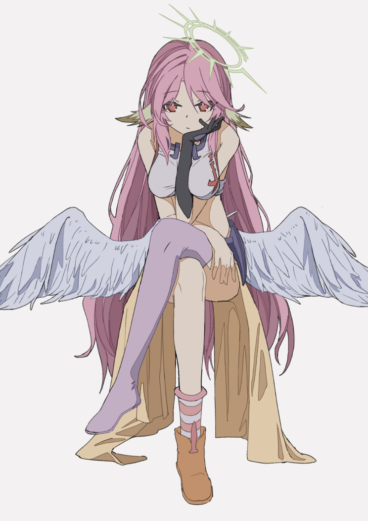 1girl, angel, angel_wings, animal_ears, asymmetrical_legwear, bird_ears, breasts, bridal_gauntlets