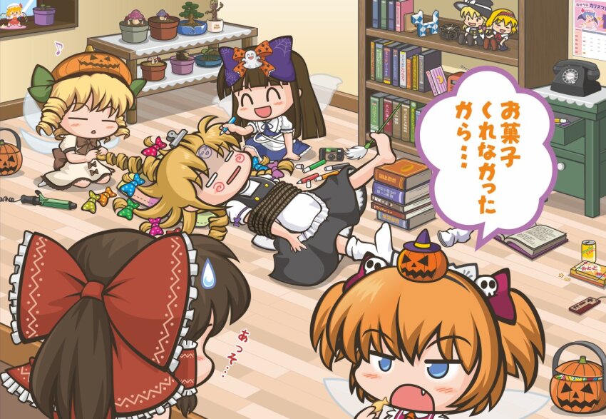 5girls, ^_^, alice_margatroid, alternate_hairstyle, apron, blank_eyes, blonde_hair, blue_eyes, blunt_bangs, bound, bound_arms, bound_torso, bow, brown_hair, camera, character_doll, child, closed_eyes, controller, doll, dress, drill_hair, famicom_controller, fang, flandre_scarlet, frilled_bow, frills, game_controller, groot, guardians_of_the_galaxy, hair_bow, hakurei_reimu, halloween, hat, indoors, jack-o'-lantern, jun_sasaura, kirisame_marisa, long_hair, looking_at_another, luna_child, marvel, medium_hair, multiple_girls, on_floor, open_mouth, orange_hair, remilia_scarlet, rope, short_sleeves, sitting, smile, star_sapphire, sunny_milk, sweatdrop, touhou, translation_request, twin_drills, two_side_up, waist_apron, white_apron, wooden_floor