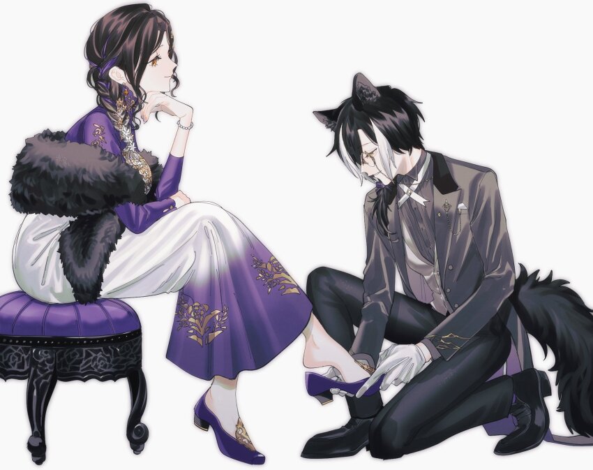 1boy, 1girl, animal_ears, black_footwear, black_hair, black_pants, bow, bracelet