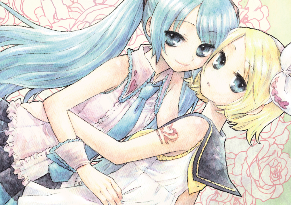 2girls, a-gatha, aqua_hair, bad_id, bad_pixiv_id, blonde_hair, bow, graphite_(medium), hair_bow, hatsune_miku, kagamine_rin, multiple_girls, necktie, traditional_media, twintails, vocaloid, watercolor_pencil_(medium), yuri