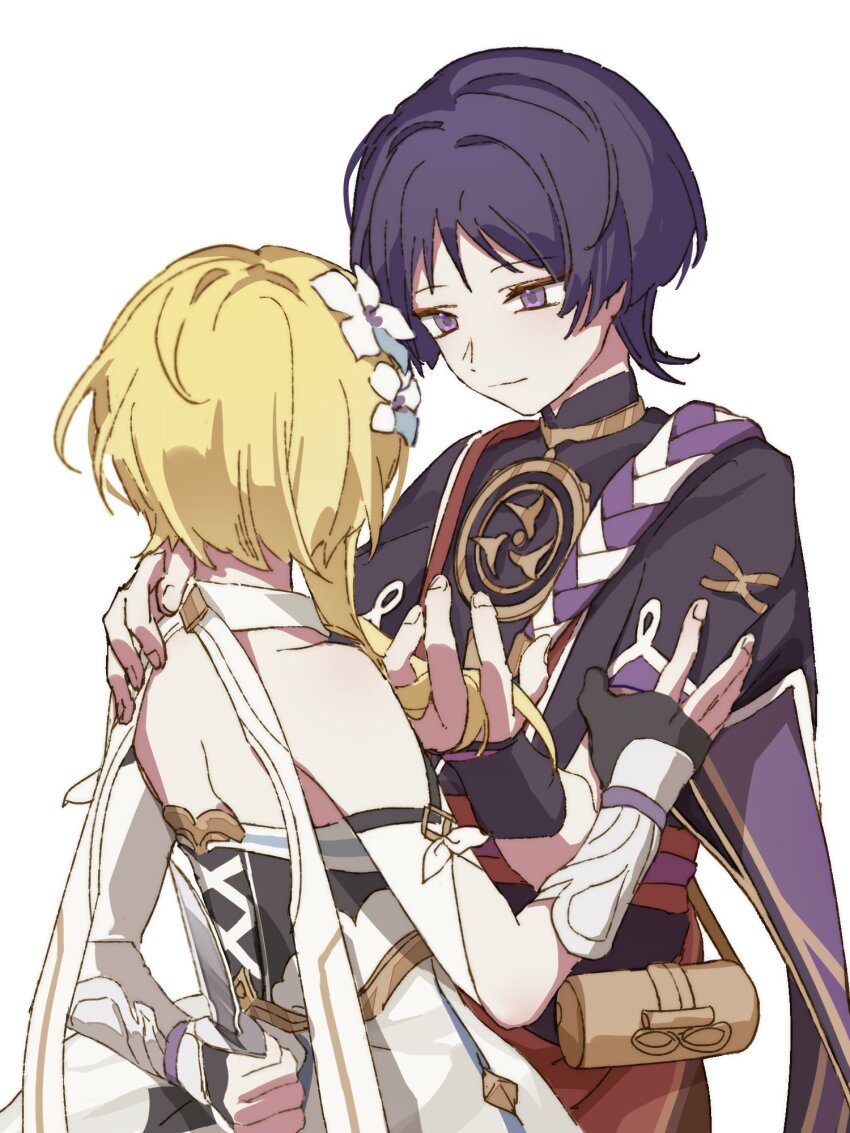 1boy, 1girl, arm_behind_back, armor, back, bare_back, bare_shoulders, belt