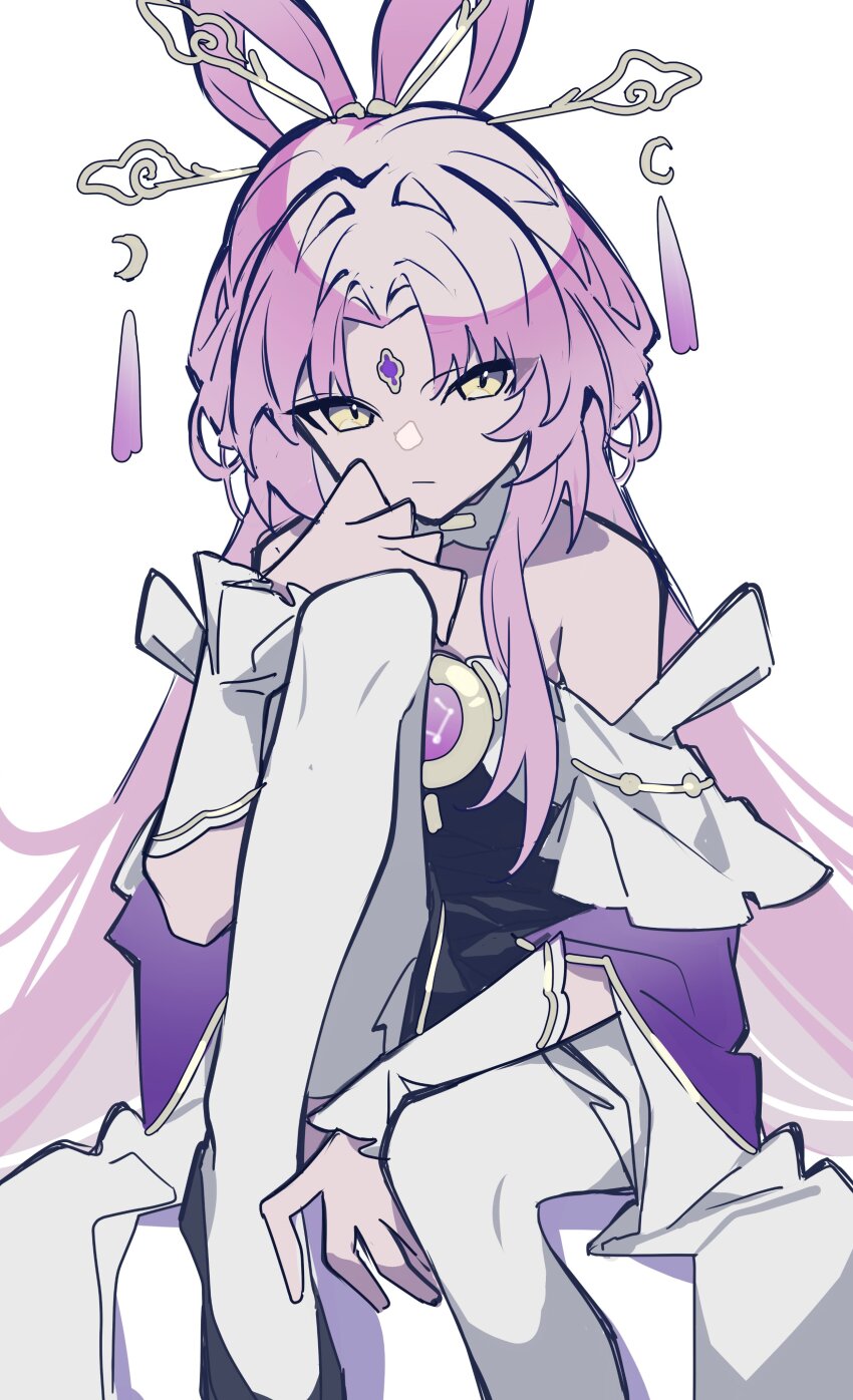 1girl, absurdres, bow-shaped_hair, china_dress, chinese_clothes, closed_mouth, dress, facial_mark, feixianji_(hairstyle), forehead_mark, fu_xuan_(honkai:_star_rail), hair_rings, highres, honkai:_star_rail, honkai_(series), long_hair, long_sleeves, looking_at_viewer, pink_hair, solo, very_long_hair, vixsi_art, yellow_eyes