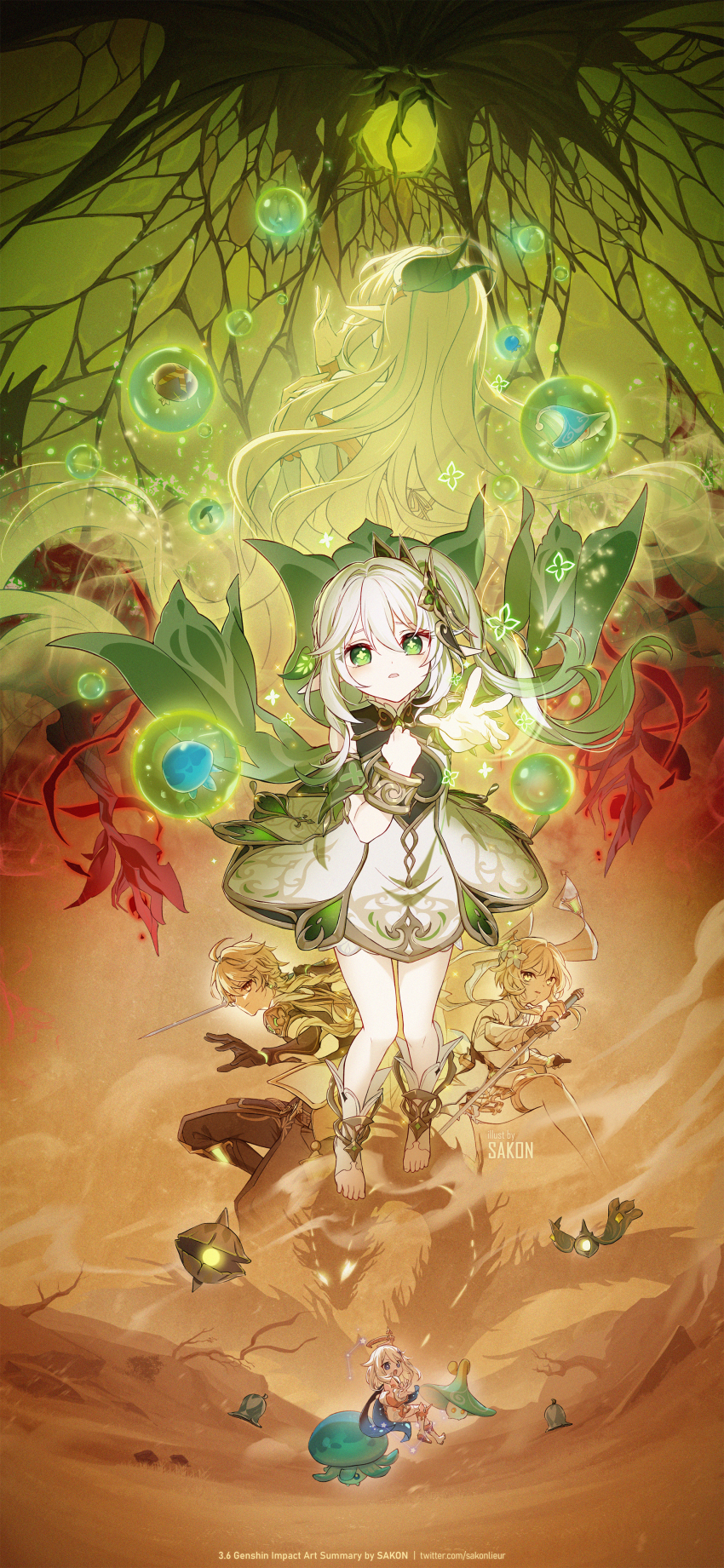 5girls, absurdres, aether_(genshin_impact), ahoge, apep_(genshin_impact), artist_name, blonde_hair, bracelet, brother_and_sister, commentary, desert, dragon, dress, english_commentary, flower, full_body, fungi_(genshin_impact), genshin_impact, glowing, glowing_eyes, green_eyes, hair_between_eyes, hair_flower, hair_ornament, halo, highres, holding, holding_sword, holding_weapon, jewelry, leaf_hair_ornament, long_hair, looking_at_viewer, lumine_(genshin_impact), multiple_girls, nahida_(genshin_impact), paimon_(genshin_impact), pointy_ears, reaching, reaching_towards_viewer, rukkhadevata_(genshin_impact), sakon04, siblings, side_ponytail, sword, thighhighs, toeless_footwear, very_long_hair, weapon, white_dress, white_thighhighs, yellow_eyes