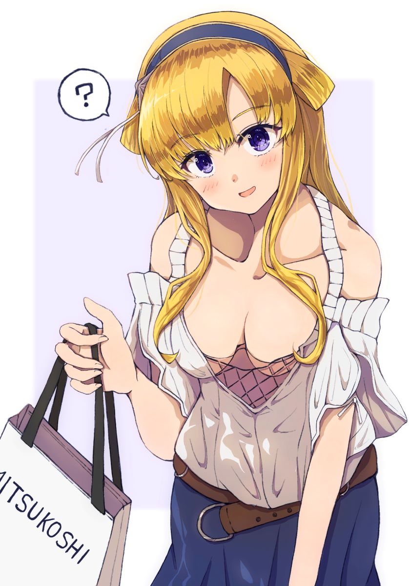 !, 1girl, bag, blonde_hair, blue_eyes, blue_hairband, blue_skirt, breasts