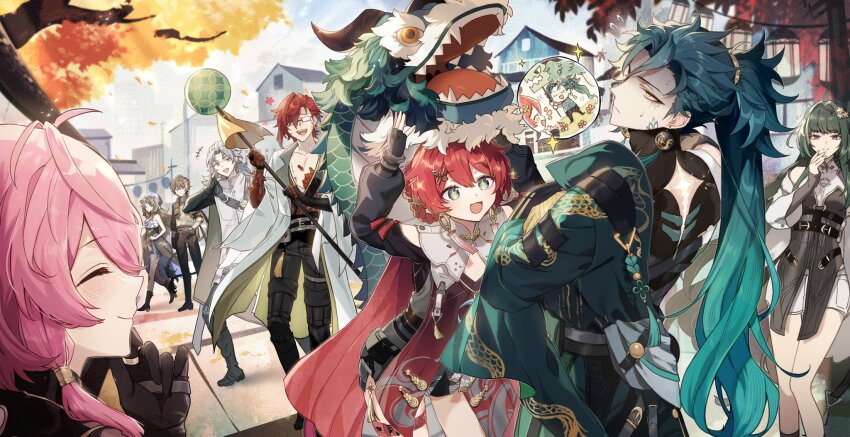 +_+, aalto_(wuthering_waves), baizhi_(wuthering_waves), belt, black_hair, braid, building, celebration