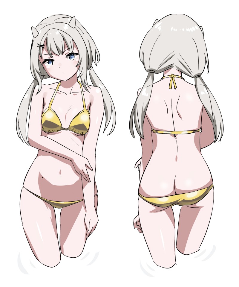 1girl, bikini, breasts, butt_crack, cowboy_shot, cropped_legs, fake_horns, from_behind