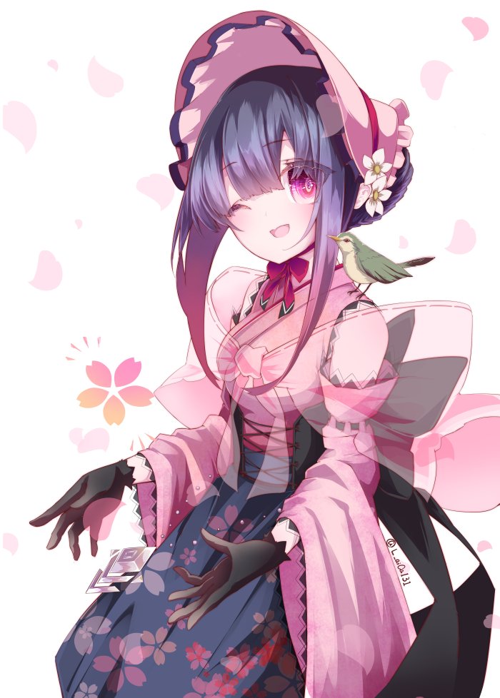 1girl, animal, animal_on_shoulder, back_bow, bare_shoulders, bird, bird_on_shoulder, black_gloves, black_hair, black_ribbon, blunt_bangs, bonnet, bow, corset, detached_sleeves, falling_petals, floral_background, flower, gloves, green_bird, hair_bun, hakama, hakama_skirt, japanese_clothes, laica, official_alternate_costume, official_alternate_hairstyle, one_eye_closed, open_mouth, petals, pink_eyes, pink_sash, print_skirt, ribbon, sash, see-through_clothes, simple_background, single_hair_bun, skirt, smile, solo, suishinshi_masahide_(tenka_hyakken), tenka_hyakken, twitter_username, white_flower, wide_sleeves