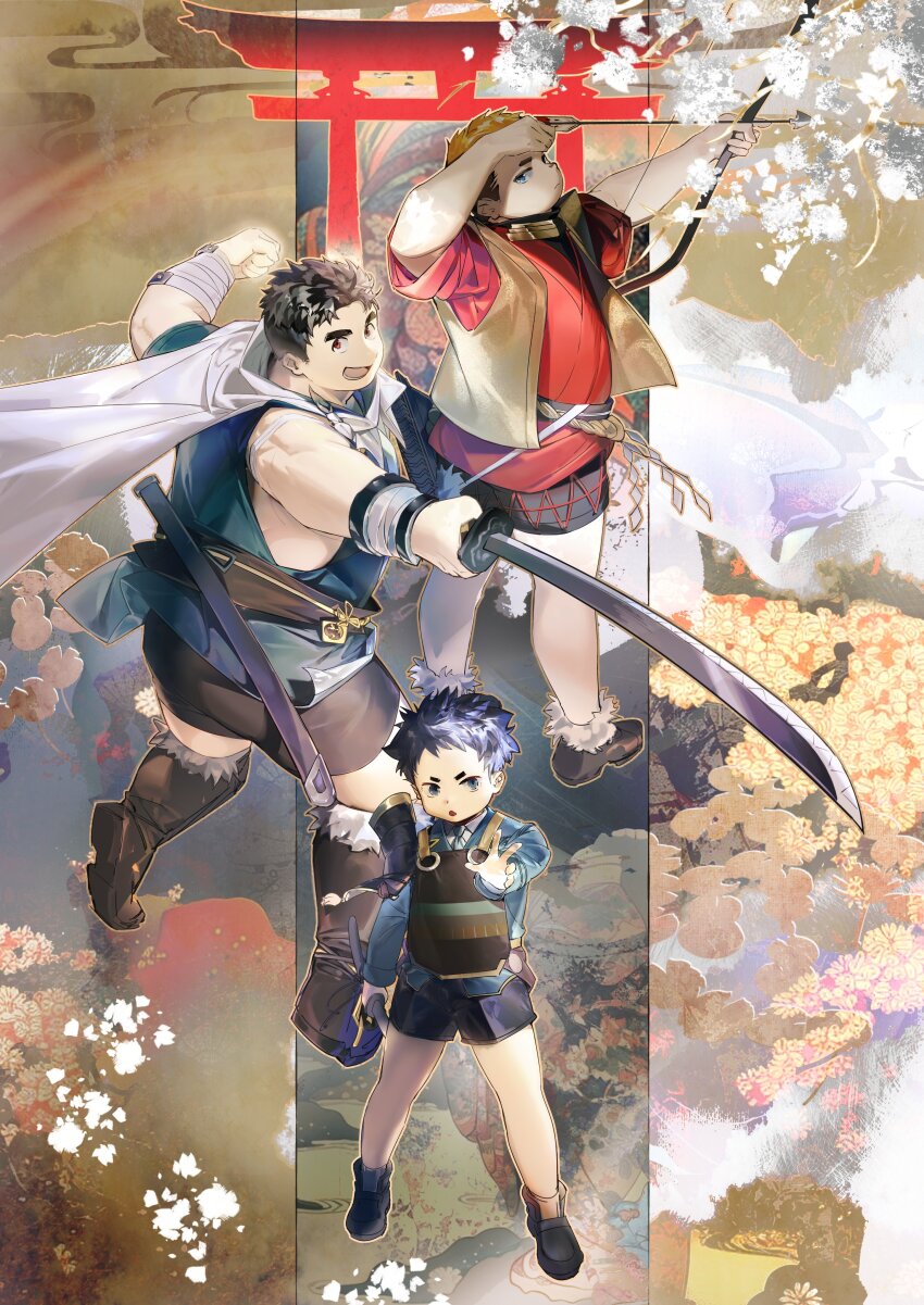 3boys, absurdres, arrow_(projectile), blade, bow_(weapon), chinese_commentary, dagger, drawing_bow