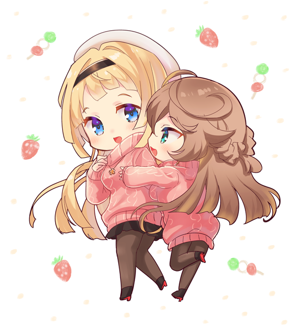 2girls, ahoge, beret, black_hairband, black_pantyhose, black_skirt, blonde_hair, blue_eyes