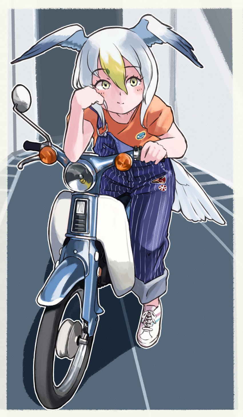 1girl, absurdres, alternate_costume, bird_girl, bird_tail, bird_wings, blonde_hair, blue_overalls