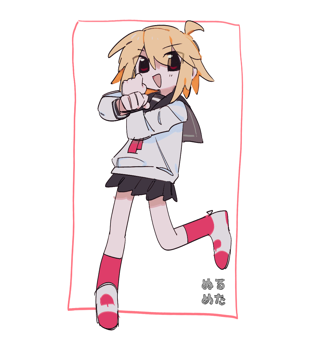 1girl, ahoge, black_eyes, black_sailor_collar, black_skirt, blonde_hair, commentary_request, copyright_name