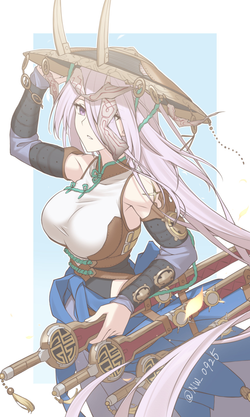 1girl, absurdres, adjusting_clothes, adjusting_headwear, bare_shoulders, breasts, detached_sleeves, duel_monster, fake_horns, fleurdelis_(yu-gi-oh!), hair_over_one_eye, hat, highres, holding, holding_sword, holding_weapon, horned_headwear, horns, jingasa, large_breasts, long_hair, long_sleeves, nue_(nw_0925), parted_lips, purple_eyes, purple_hair, sheath, shirt, sleeveless, sleeveless_shirt, solo, sword, the_iris_swordsoul, twitter_username, weapon, yu-gi-oh!