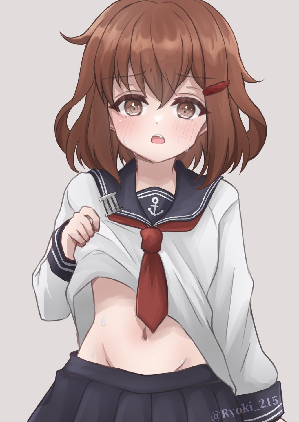 1girl, anchor_symbol, black_sailor_collar, black_skirt, brown_eyes, brown_hair, clothes_lift, commentary_request, fang, grey_background, groin, hair_ornament, hairclip, highres, ikazuchi_(kancolle), kantai_collection, lifting_own_clothes, navel, neckerchief, one-hour_drawing_challenge, pleated_skirt, red_neckerchief, ryouki_(ryoki_215), sailor_collar, school_uniform, serafuku, shirt_lift, short_hair, simple_background, skirt, solo, twitter_username