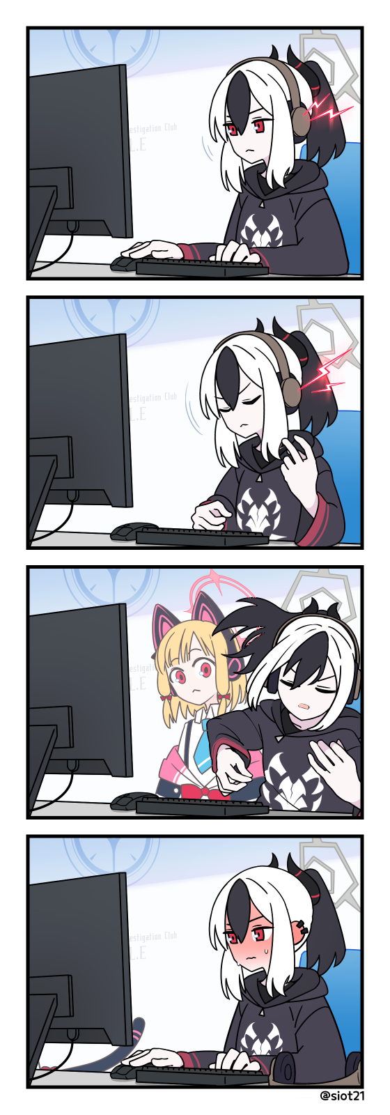 2girls, 4koma, :<, animal_ear_headphones, animal_ears, black_coat, black_hair, black_sweater