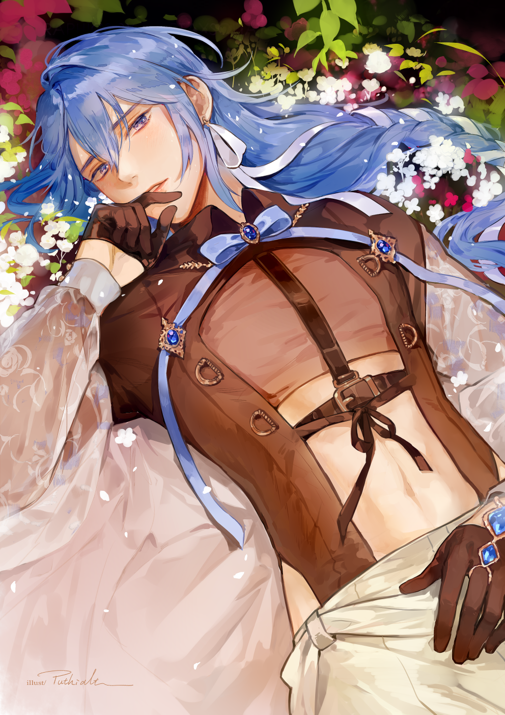 1boy, abs, blue_eyes, braid, brooch, clothing_cutout, edmond_(nu_carnival), edmond_(spring_chaos)_(nu_carnival), field, flower, flower_field, gloves, hair_ribbon, half_gloves, hand_on_own_crotch, hand_on_own_face, highres, hip_vent, jewelry, long_hair, long_sleeves, low-braided_long_hair, low-tied_long_hair, lying, male_focus, navel, neck_ribbon, nu_carnival, on_back, parted_lips, puffy_long_sleeves, puffy_sleeves, puthialt, ribbon, ribbon_braid, ribbon_earrings, see-through_clothes, see-through_shirt, see-through_sleeves, shirt, solo