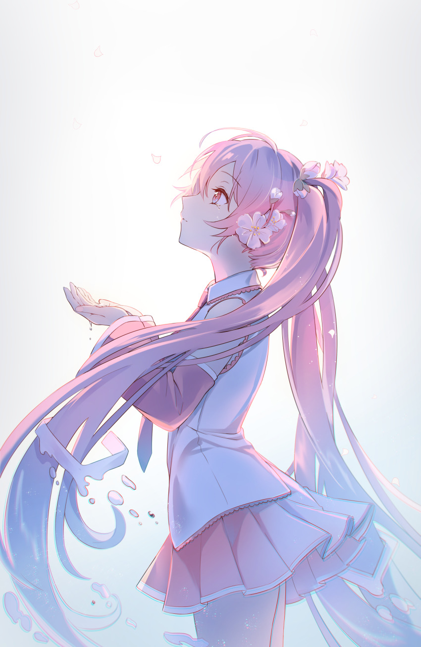 1girl, absurdres, bare_shoulders, cherry_blossoms, commentary, cowboy_shot, crying, crying_with_eyes_open