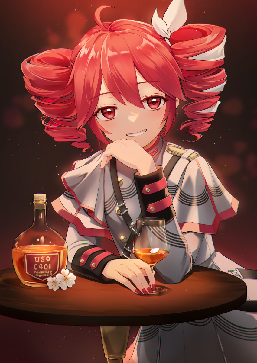 1girl, absurdres, ahoge, alcohol, belt, blurry, bokeh, bottle