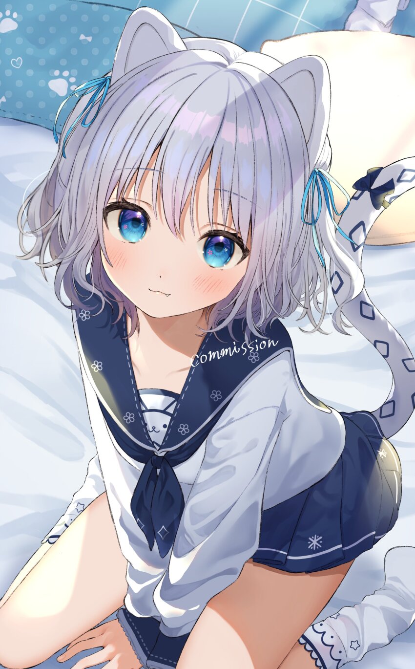 1girl, :3, absurdres, animal_ears, between_legs, blue_eyes, blue_sailor_collar, blue_skirt