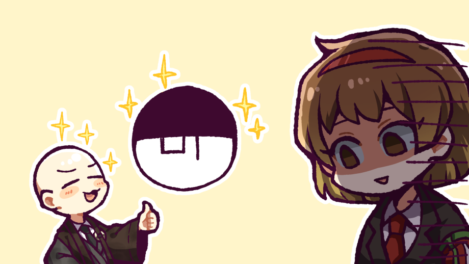 1boy, 1girl, amrita_(e.g.o), armband, bald, black_jacket, black_necktie, brown_eyes, brown_hair, closed_eyes, coat, collared_shirt, commentary_request, e.g.o_(project_moon), employee_(project_moon), gloom_(expression), grey_coat, hatake_shimeji, jacket, lobotomy_corporation, long_sleeves, malkuth_(project_moon), necktie, nugget_(project_moon), open_clothes, open_coat, open_mouth, project_moon, red_armband, red_necktie, shirt, short_hair, smile, sparkle, white_shirt, yellow_background, you're_bald_(project_moon)