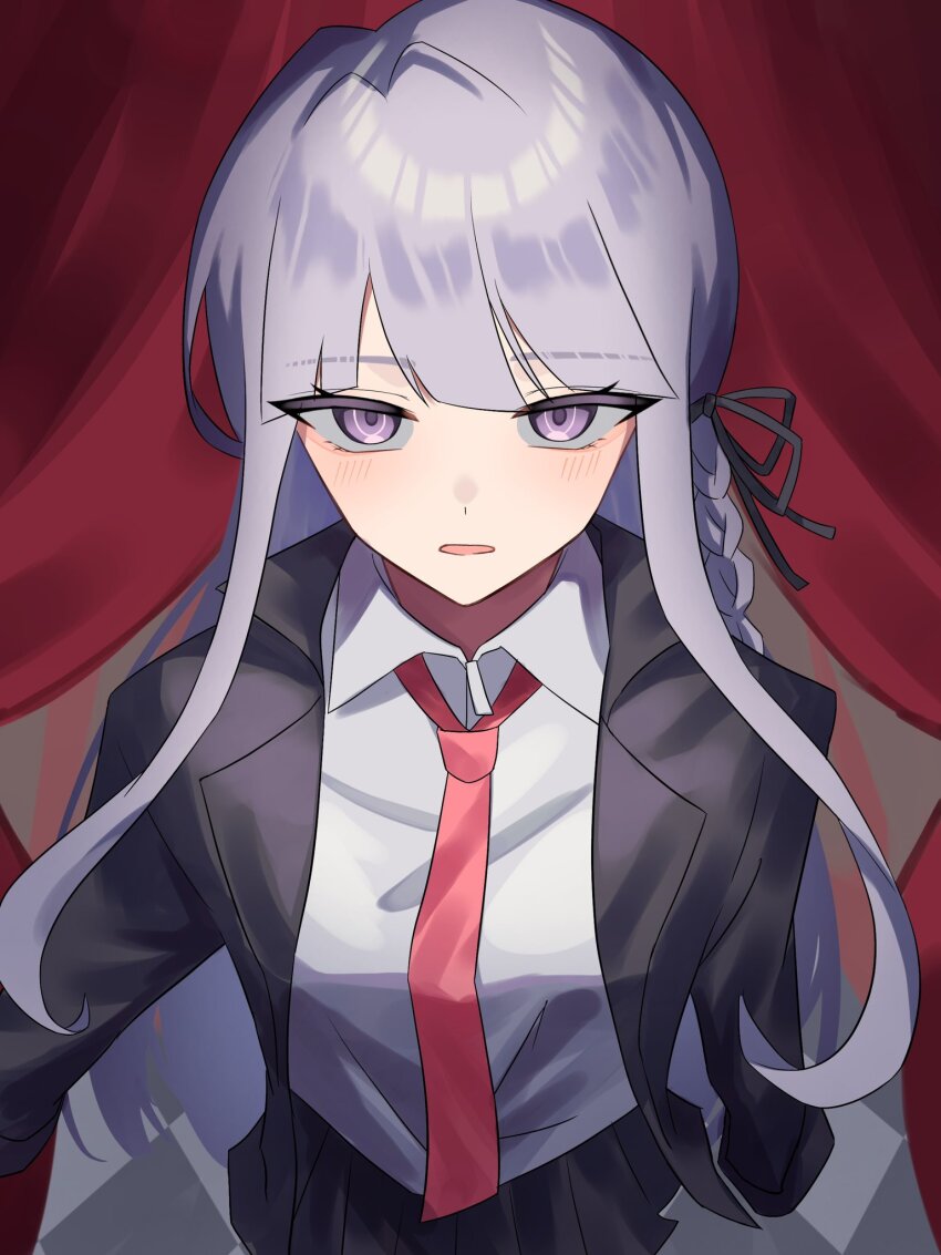 1girl, blush, braid, danganronpa_(series), highres, jacket, kirigiri_kyoko, long_hair